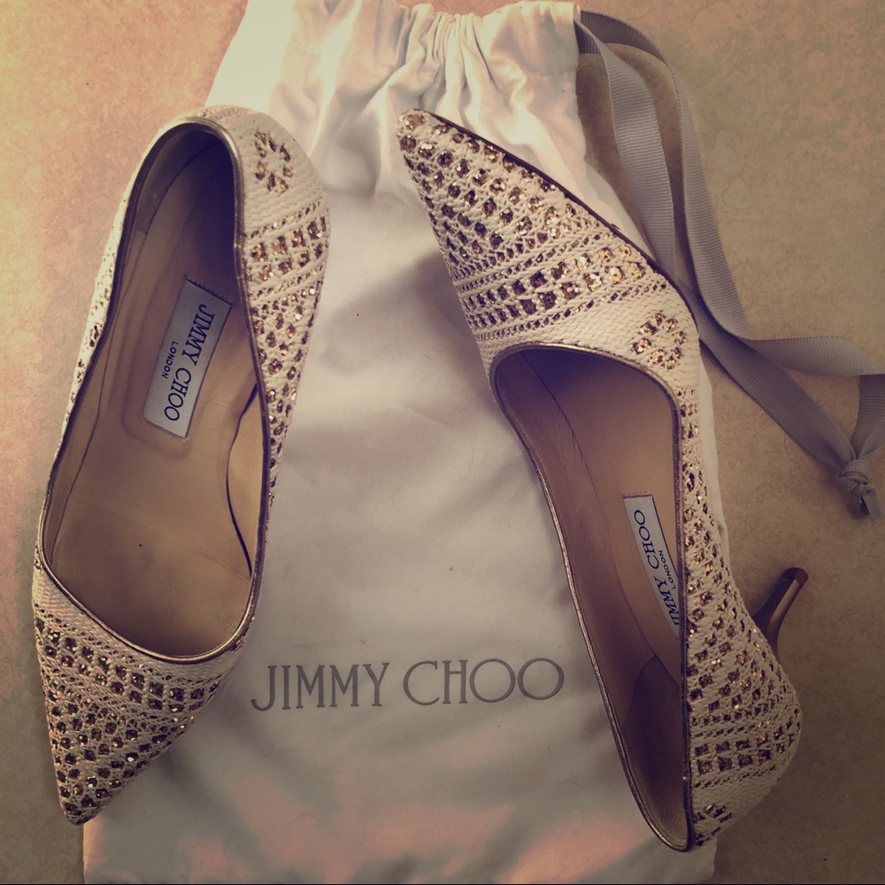 Jimmy Choo white and gold wedding kitten heels